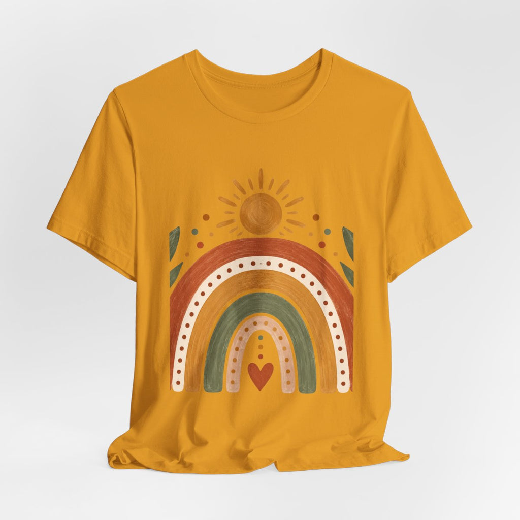 Boho Rainbow Sun T-Shirt | Earth Tone Rainbow with Heart and Sun