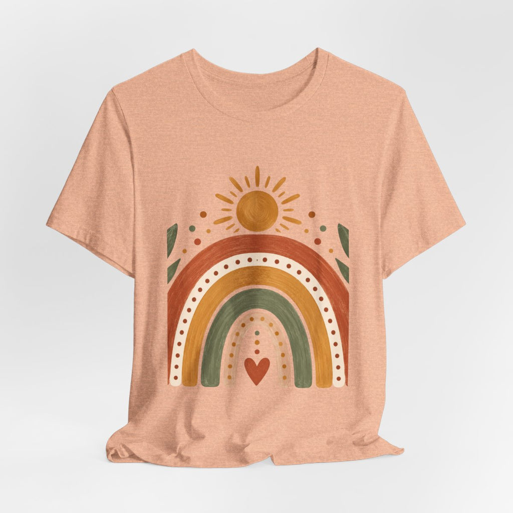 Boho Rainbow Sun T-Shirt | Earth Tone Rainbow with Heart and Sun