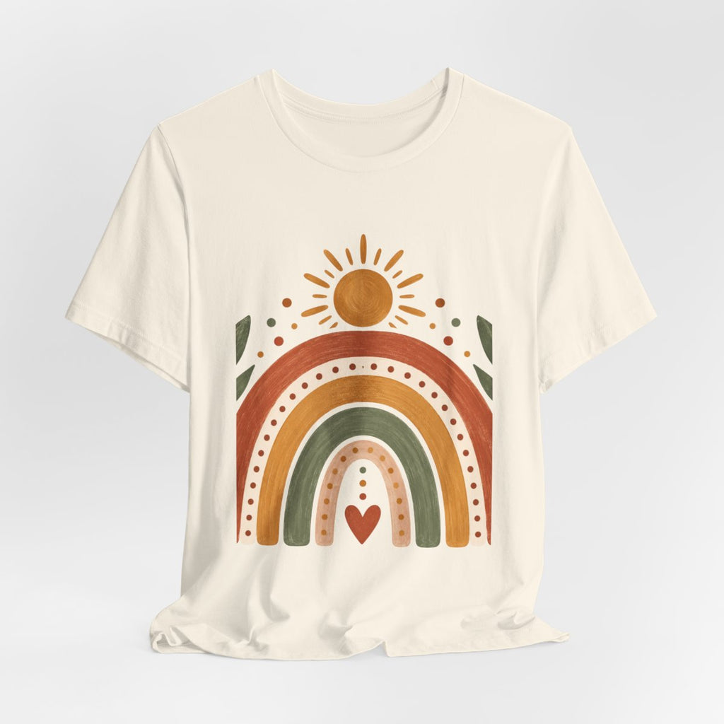 Boho Rainbow Sun T-Shirt | Earth Tone Rainbow with Heart and Sun
