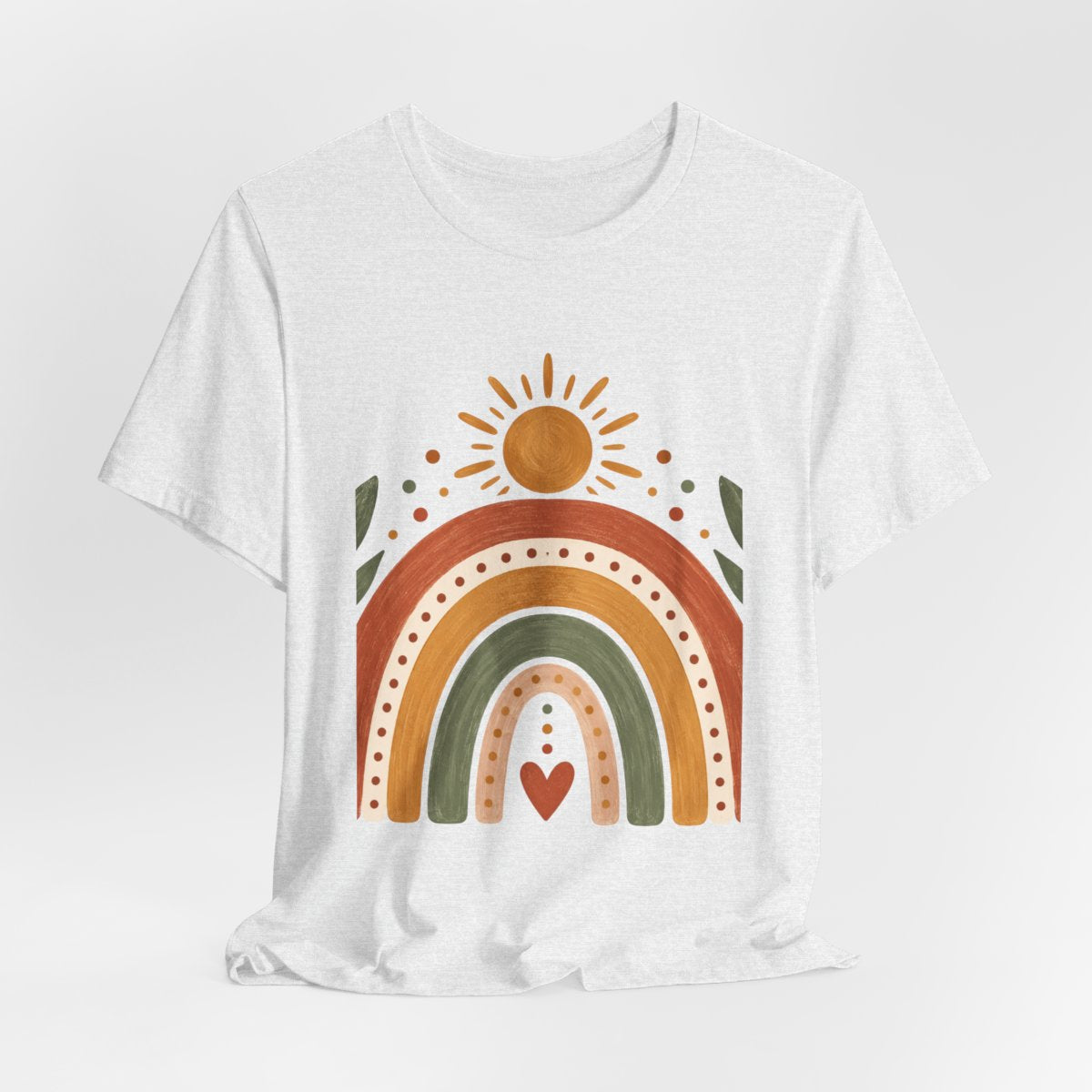 Boho Rainbow Sun T-Shirt | Earth Tone Rainbow with Heart and Sun