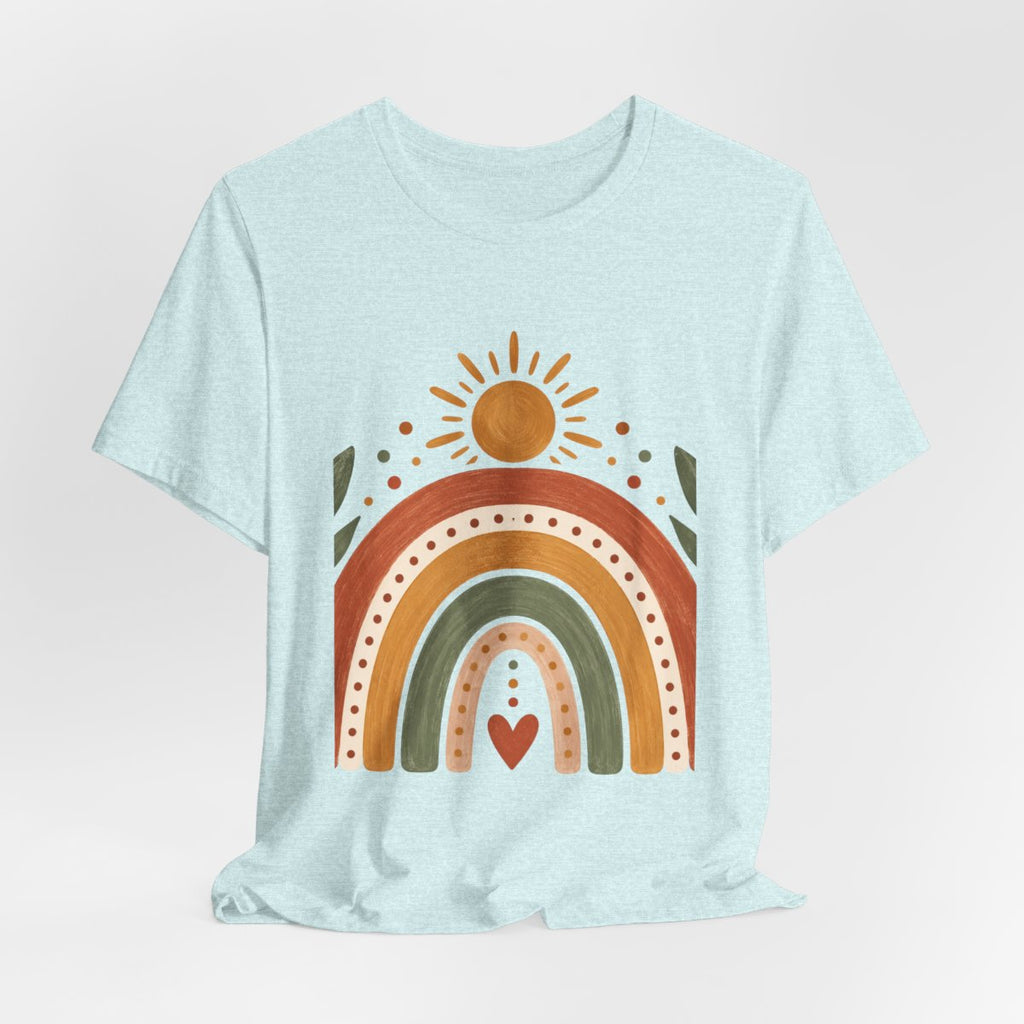 Boho Rainbow Sun T-Shirt | Earth Tone Rainbow with Heart and Sun
