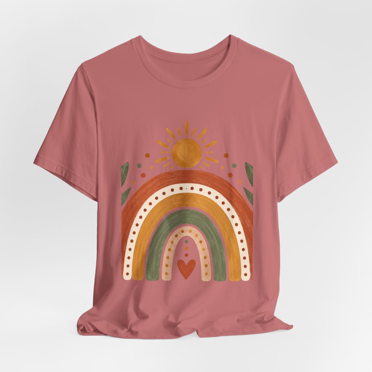 Boho Rainbow Sun T-Shirt | Earth Tone Rainbow with Heart and Sun