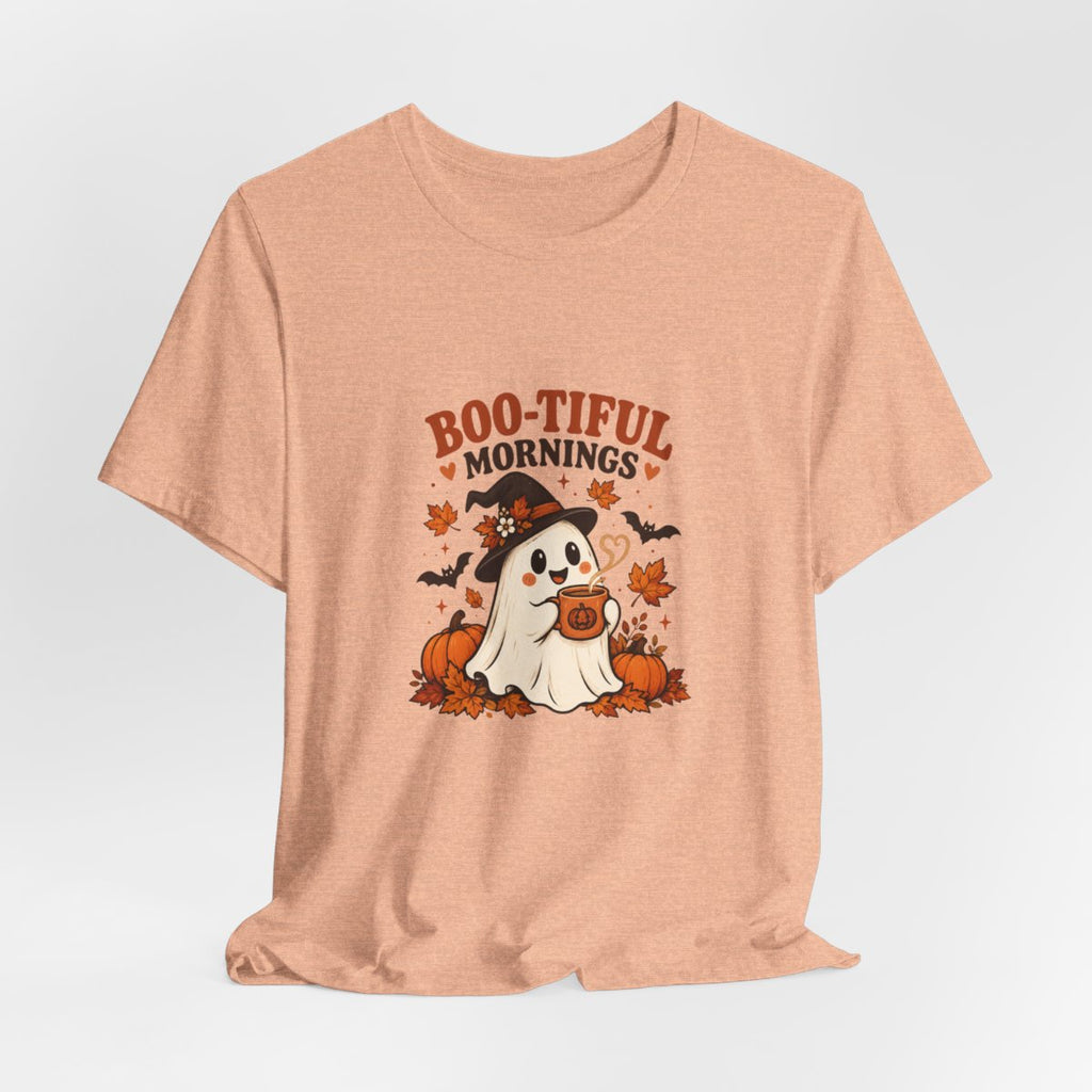 Boo-tiful Mornings ghost with pumpkin Tee | Halloween fall graphic tee