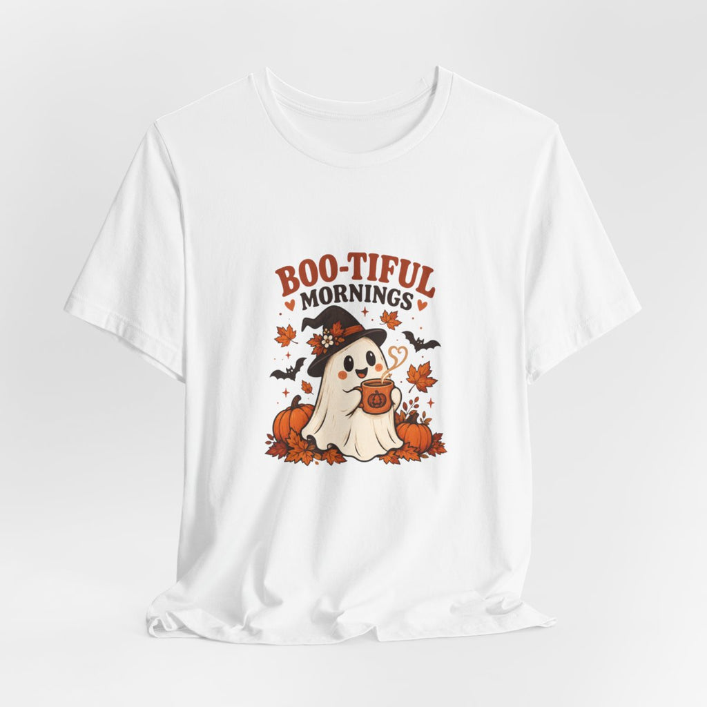 Boo-tiful Mornings ghost with pumpkin Tee | Halloween fall graphic tee
