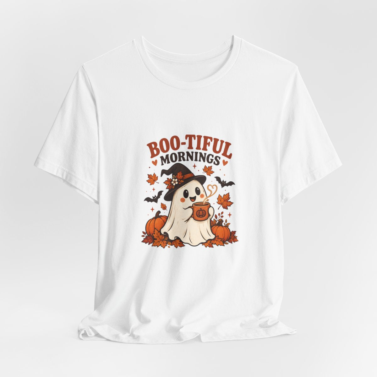 Boo-tiful Mornings ghost with pumpkin Tee | Halloween fall graphic tee