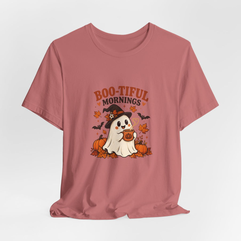 Boo-tiful Mornings ghost with pumpkin Tee | Halloween fall graphic tee