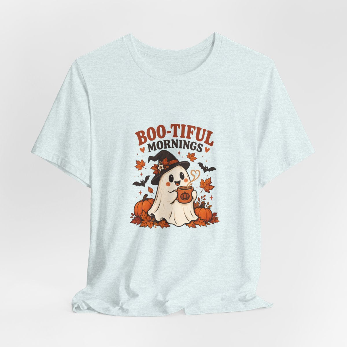 Boo-tiful Mornings ghost with pumpkin Tee | Halloween fall graphic tee