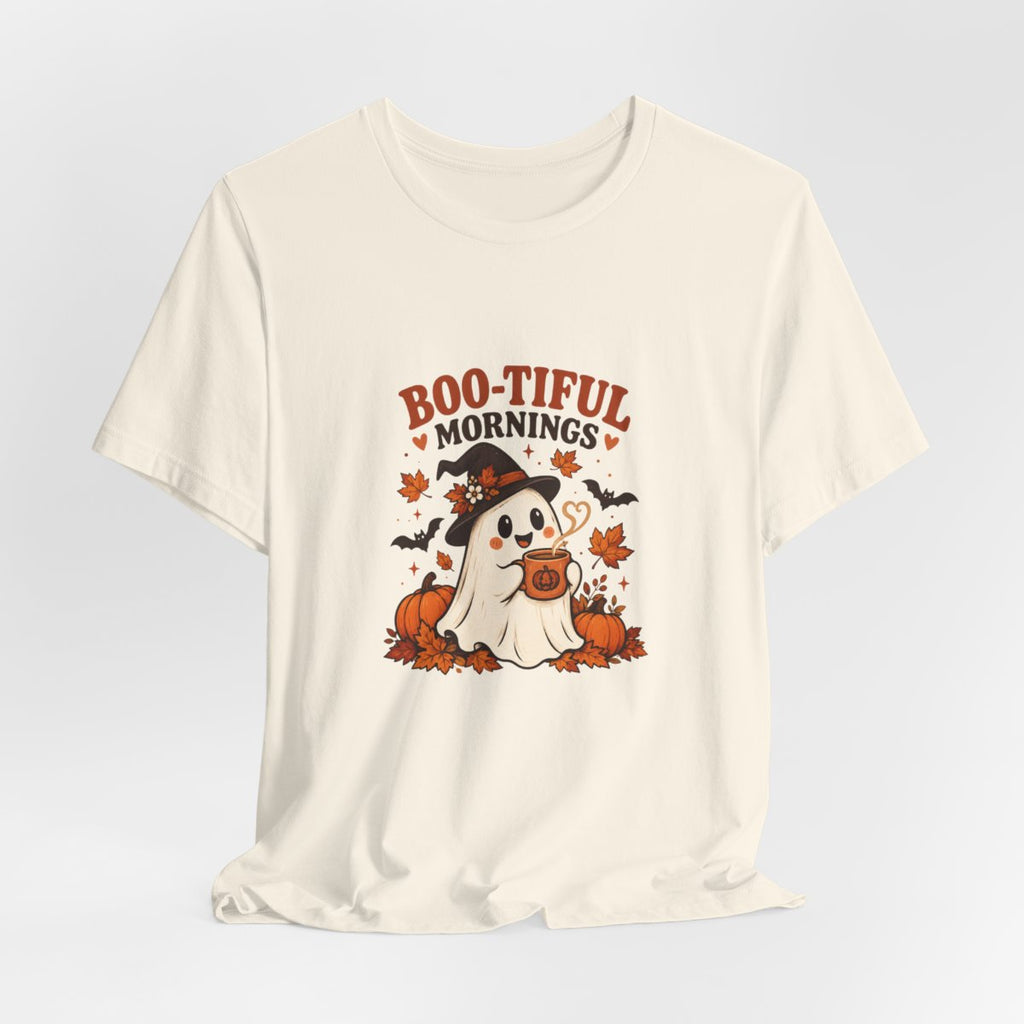 Boo-tiful Mornings ghost with pumpkin Tee | Halloween fall graphic tee