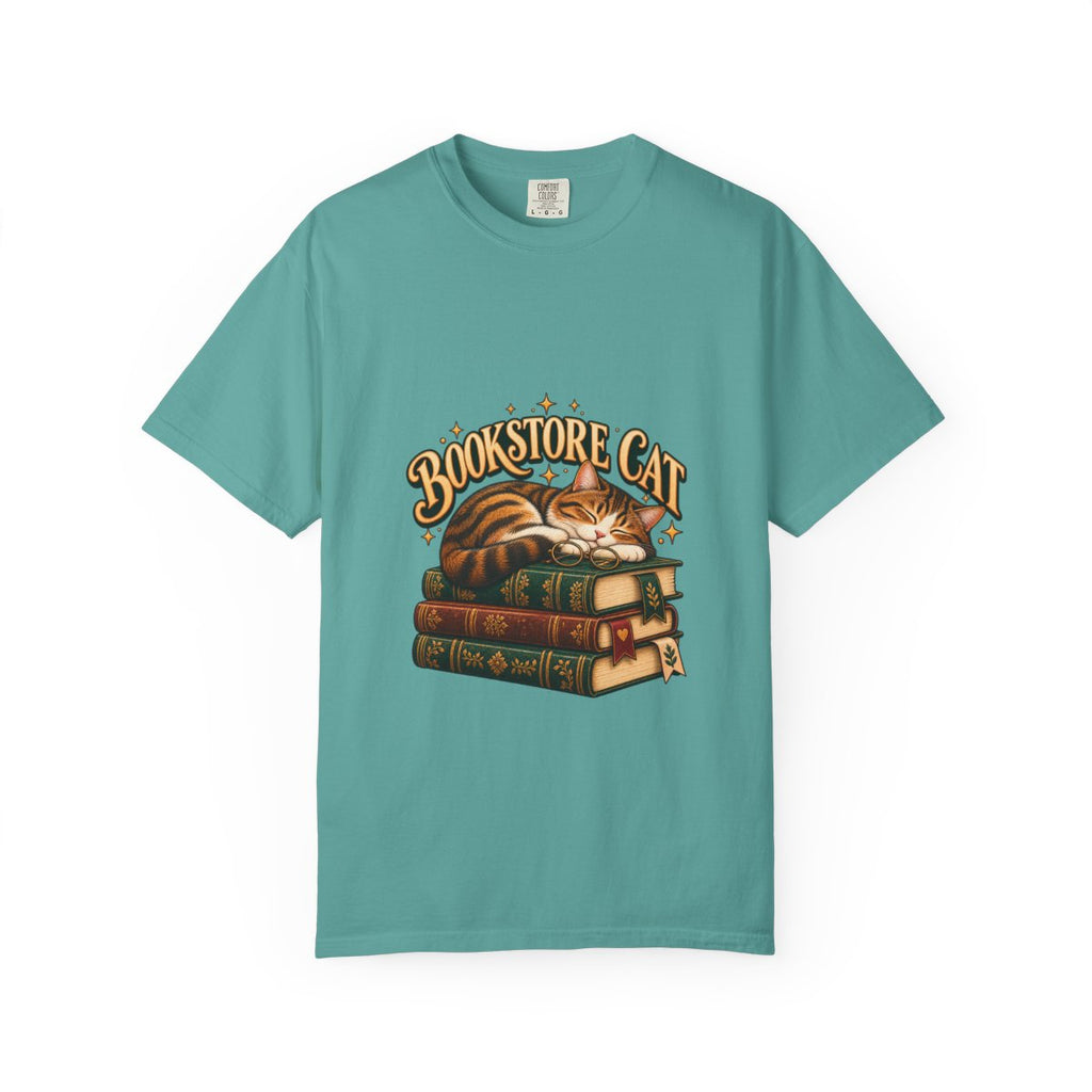 Bookstore Cat T-shirt | Sleeping Cat on Vintage Books
