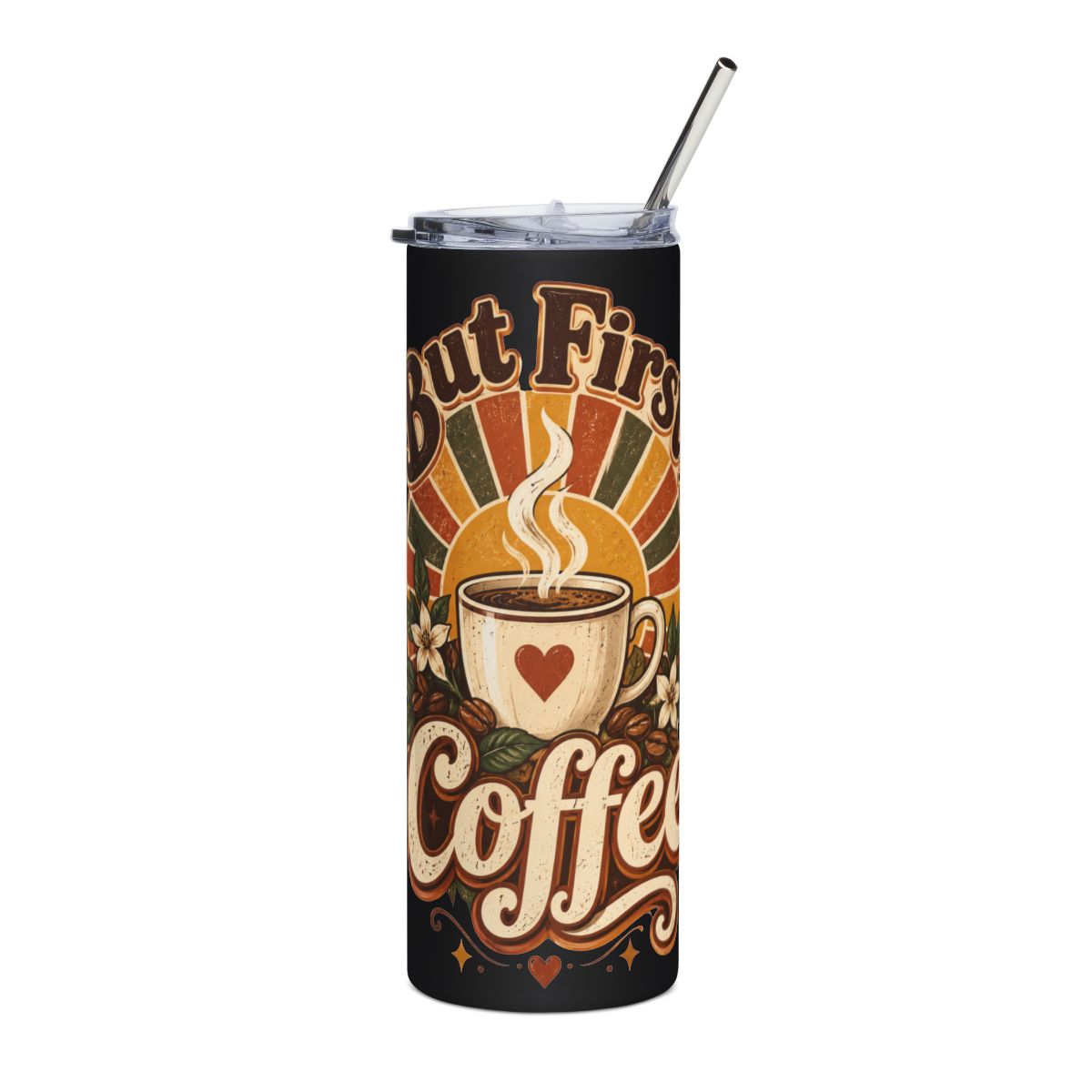 But First Coffee Stainless Steel Tumbler 20oz | Retro Coffee Cup Design
