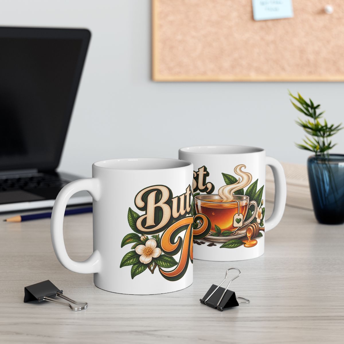But First Tea Mug | Tea Cup Illustration, Floral Tea Leaves Design