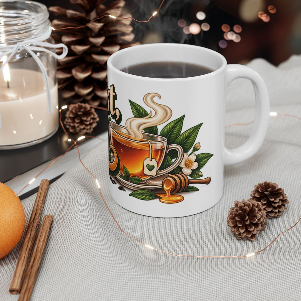 But First Tea Mug | Tea Cup Illustration, Floral Tea Leaves Design