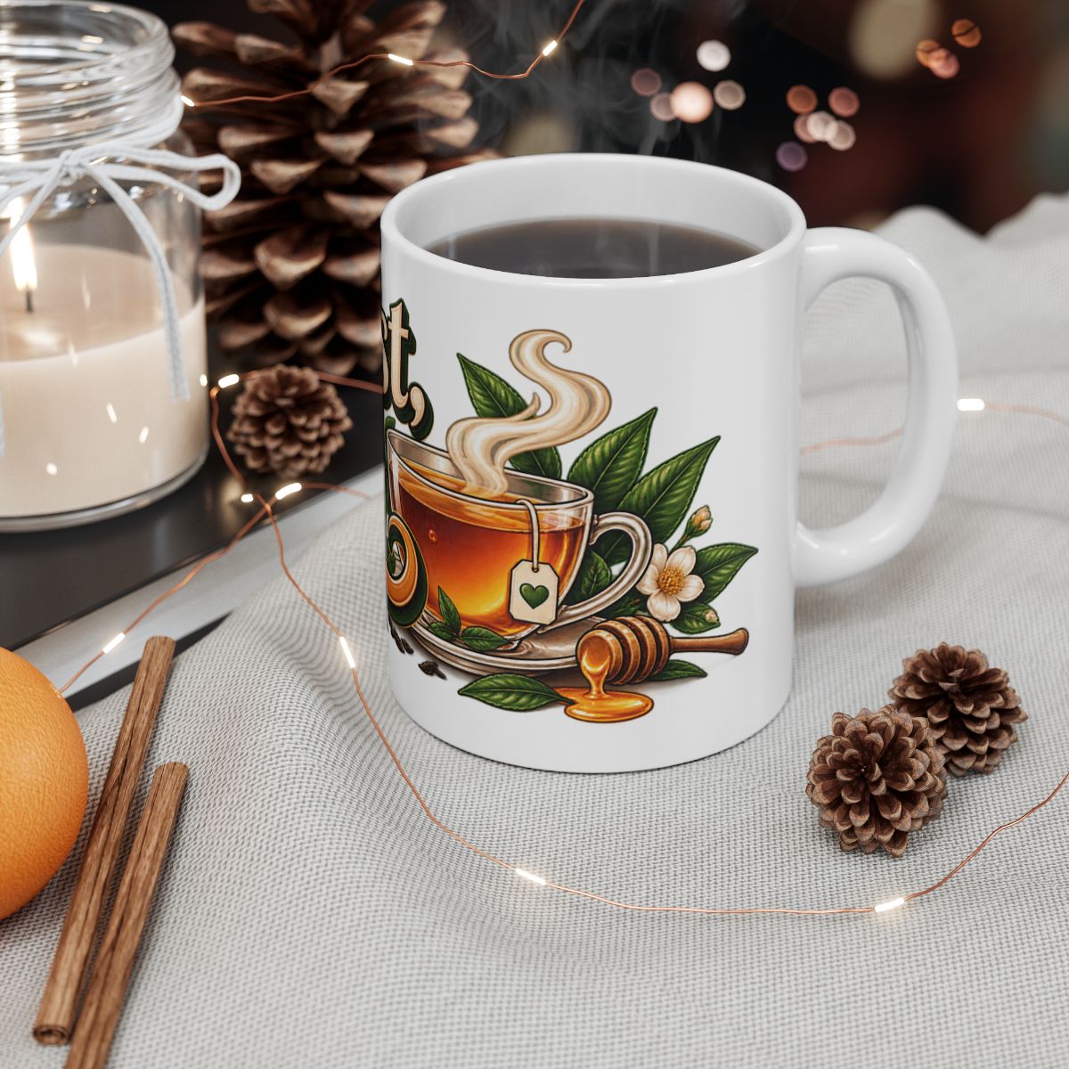 But First Tea Mug | Tea Cup Illustration, Floral Tea Leaves Design