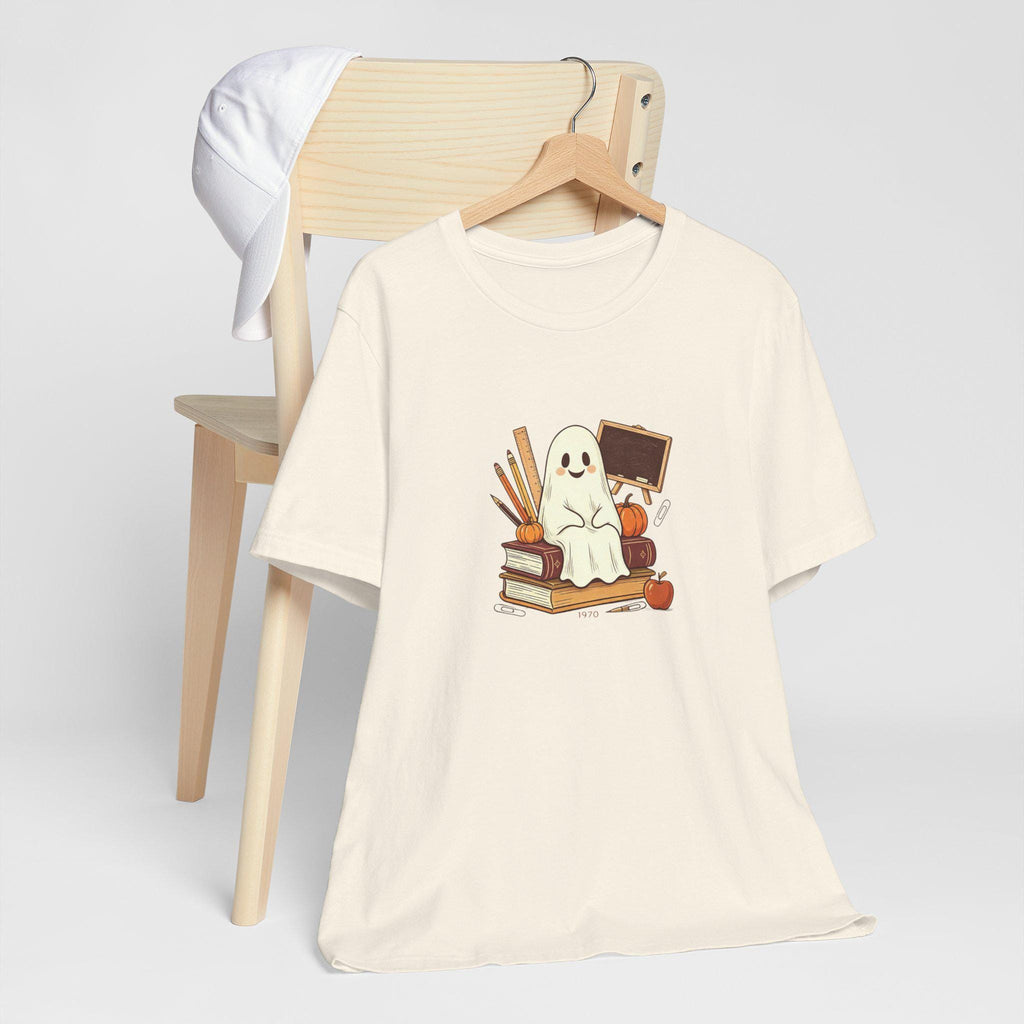Cute Ghost on Books Tee | Back-to-School Halloween Teacher Shirt
