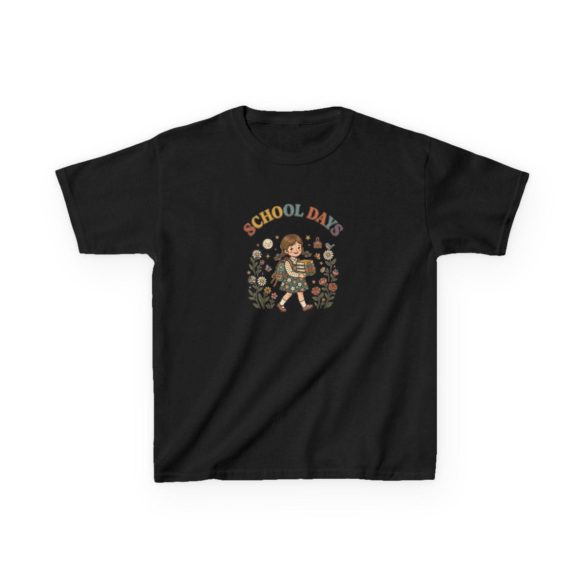School Day kids t-shirt | retro girl illustration, floral accents