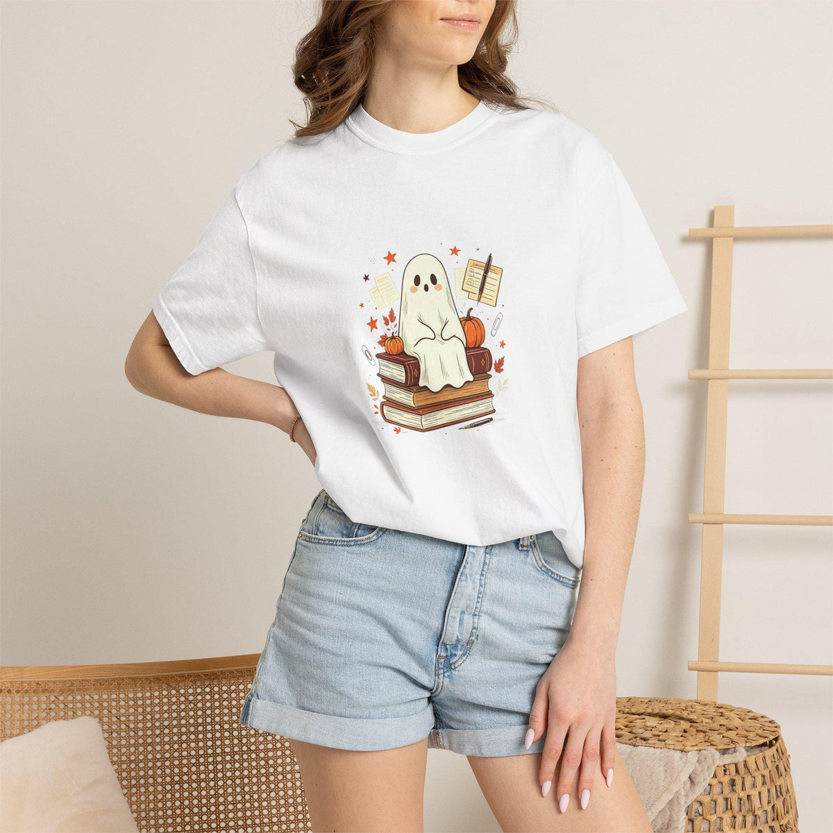 Cute Reading Ghost T-shirt | Ghost on Books, Autumn Leaves, Notebook