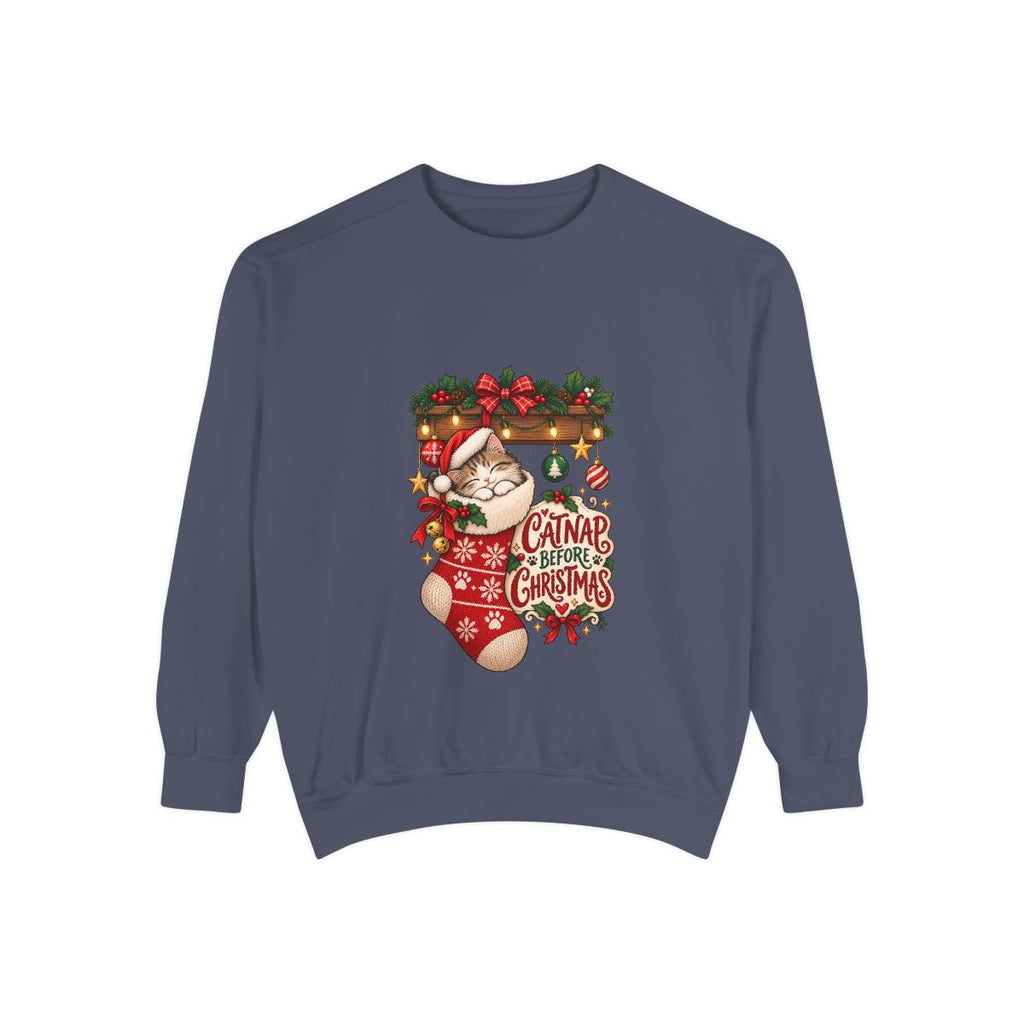 Cat in Christmas Stocking sweatshirt | Santa Hat, Holiday Garland, Can't Before Christmas design