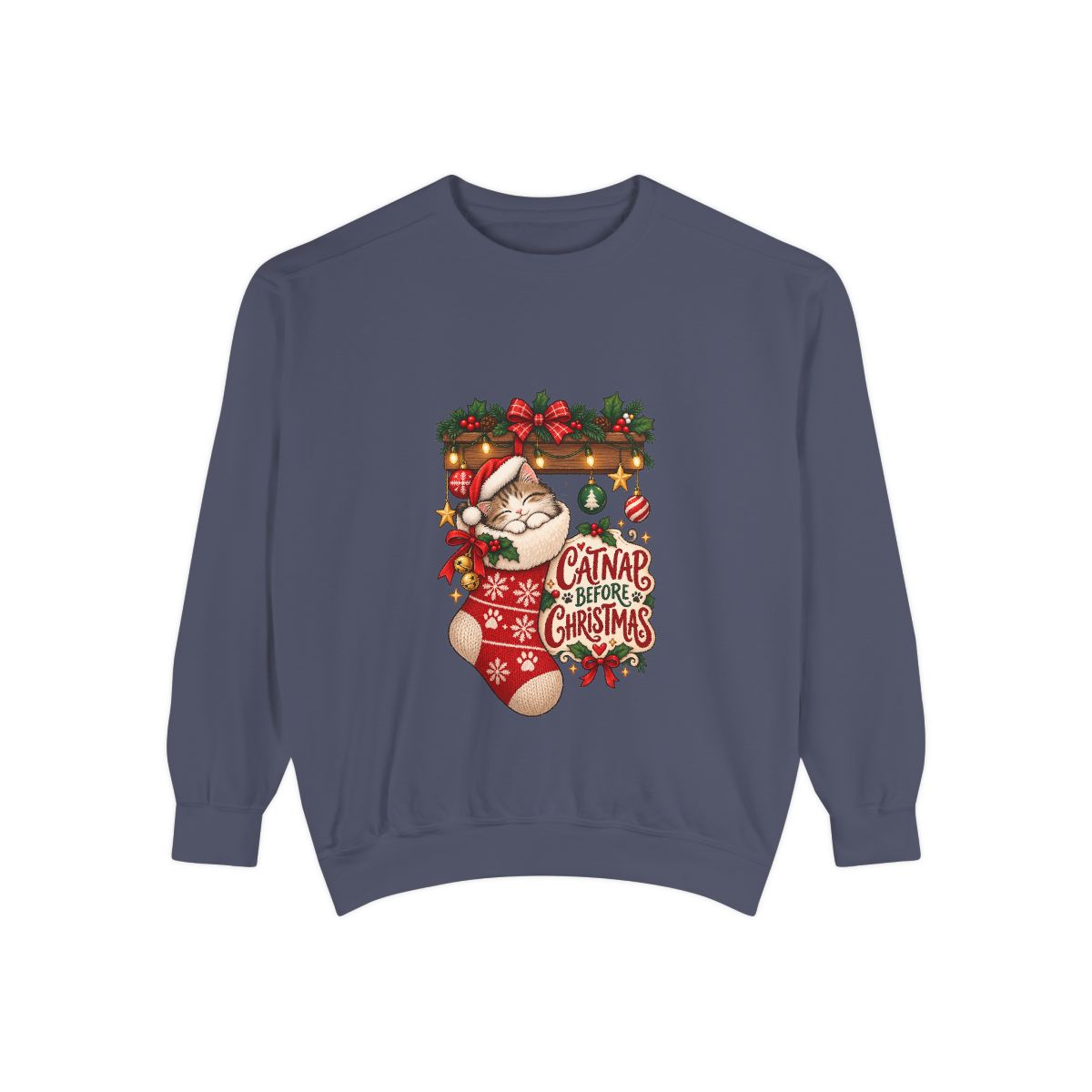 Cat in Christmas Stocking sweatshirt | Santa Hat, Holiday Garland, Can't Before Christmas design