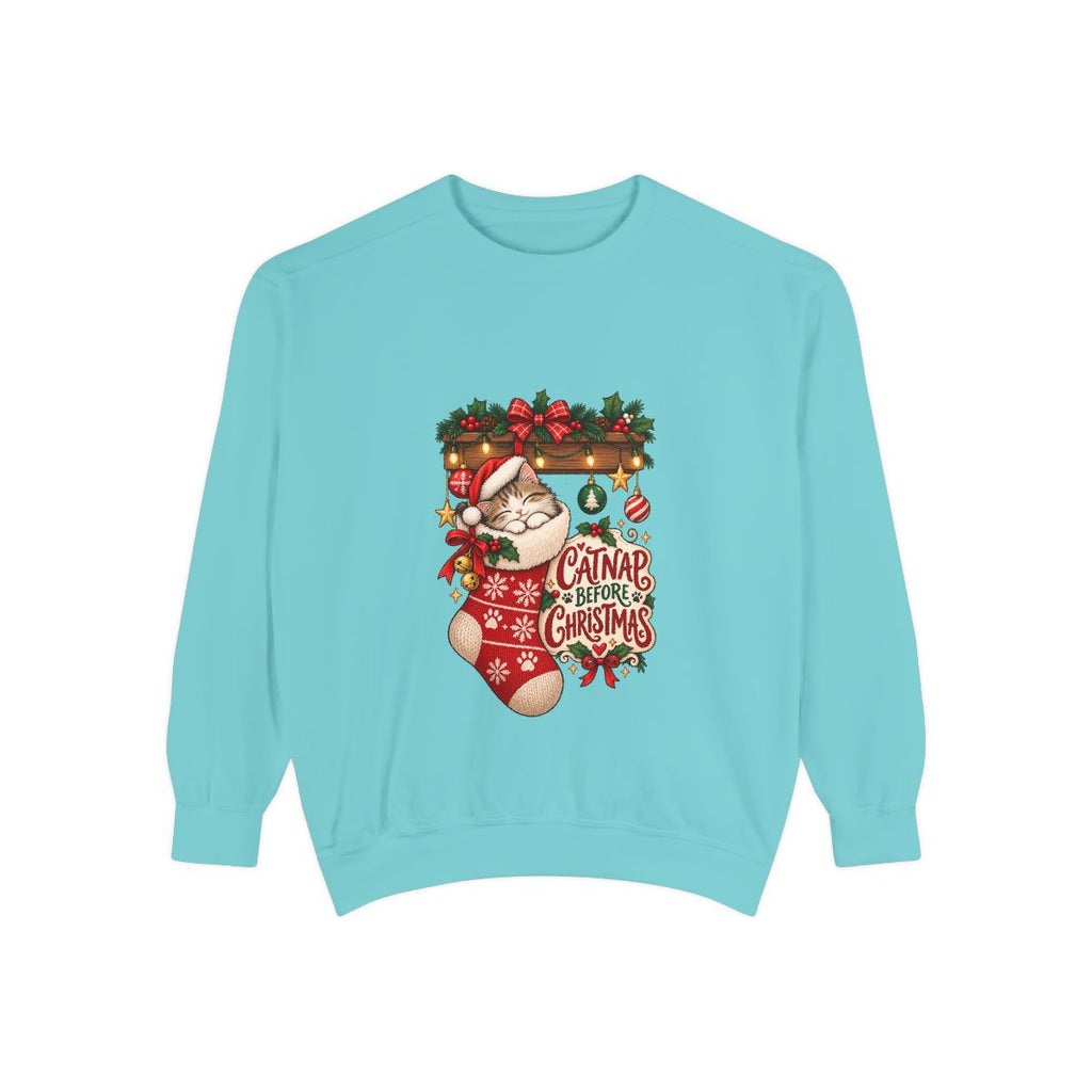 Cat in Christmas Stocking sweatshirt | Santa Hat, Holiday Garland, Can't Before Christmas design