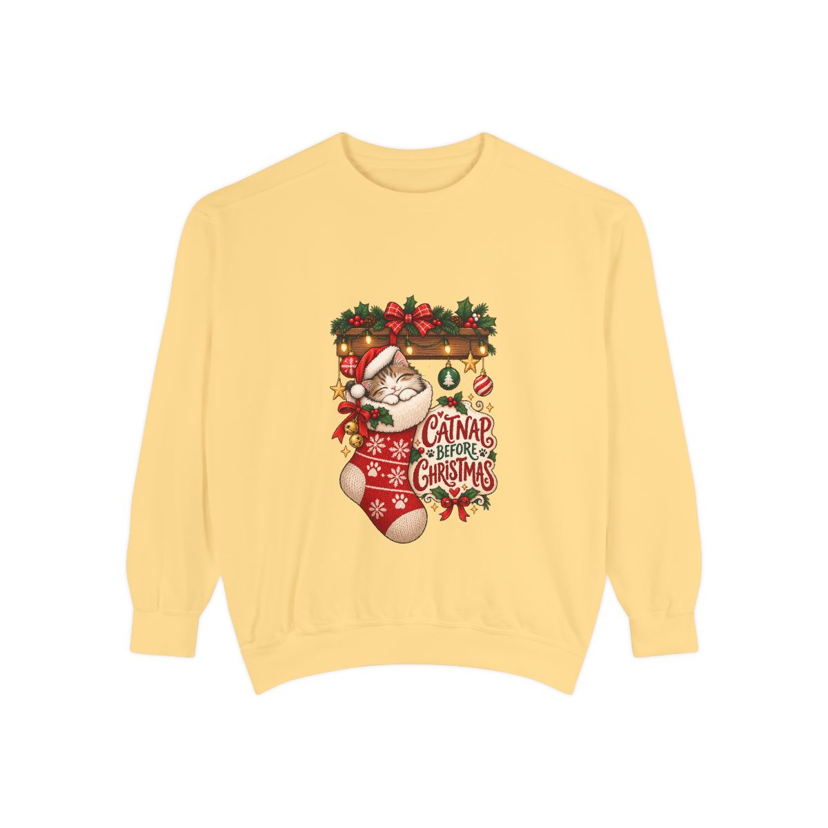 Cat in Christmas Stocking sweatshirt | Santa Hat, Holiday Garland, Can't Before Christmas design