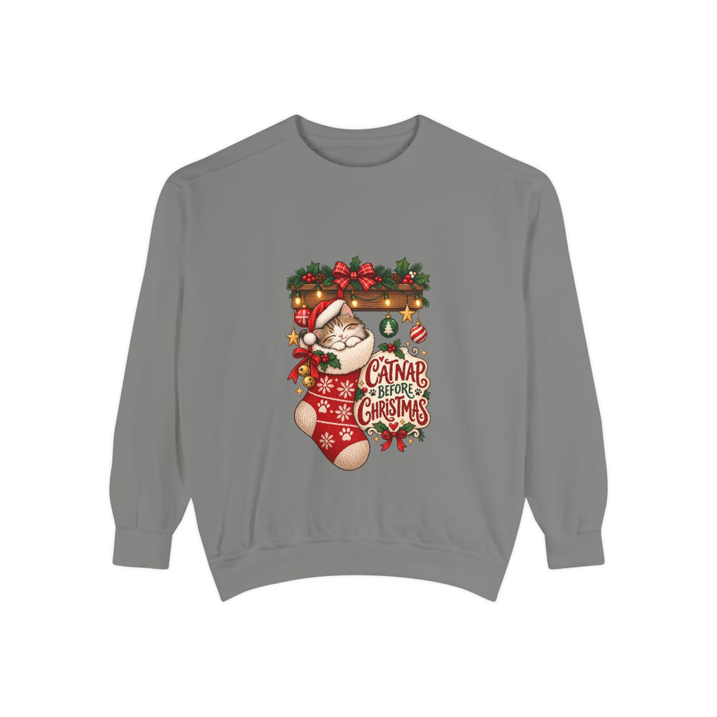 Cat in Christmas Stocking sweatshirt | Santa Hat, Holiday Garland, Can't Before Christmas design
