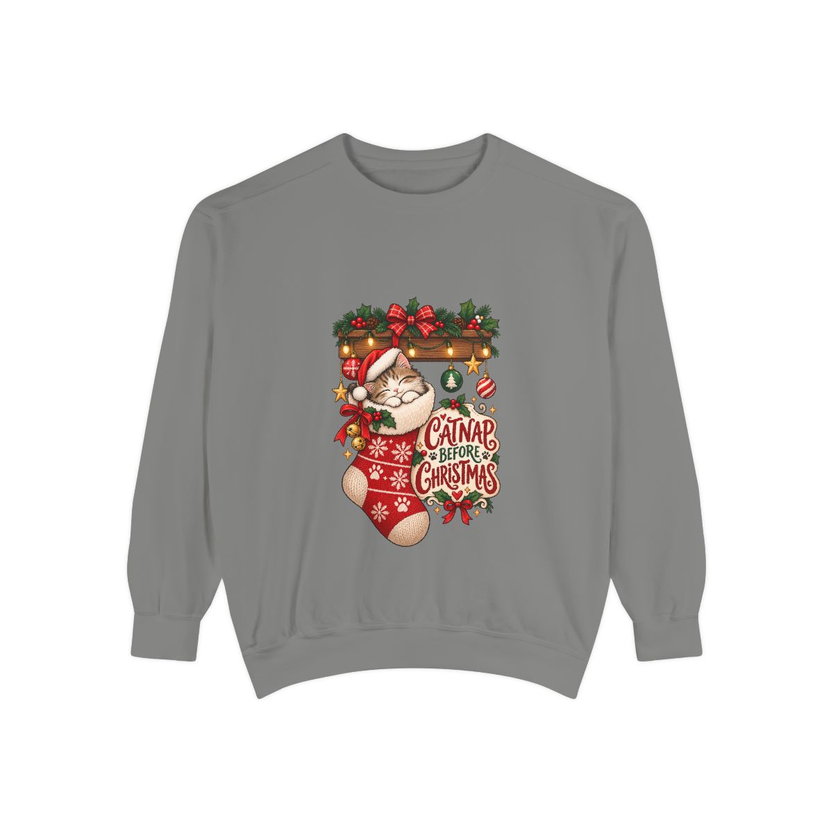 Cat in Christmas Stocking sweatshirt | Santa Hat, Holiday Garland, Can't Before Christmas design