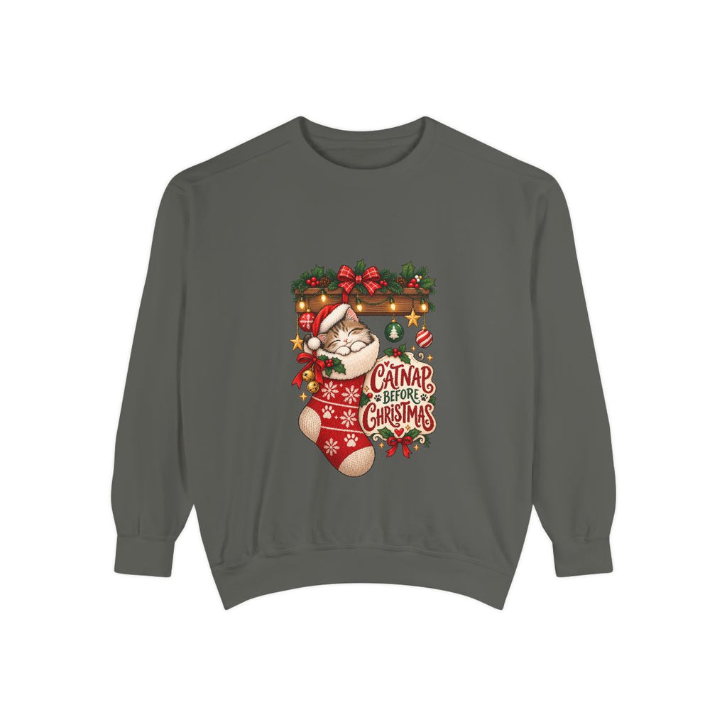 Cat in Christmas Stocking sweatshirt | Santa Hat, Holiday Garland, Can't Before Christmas design