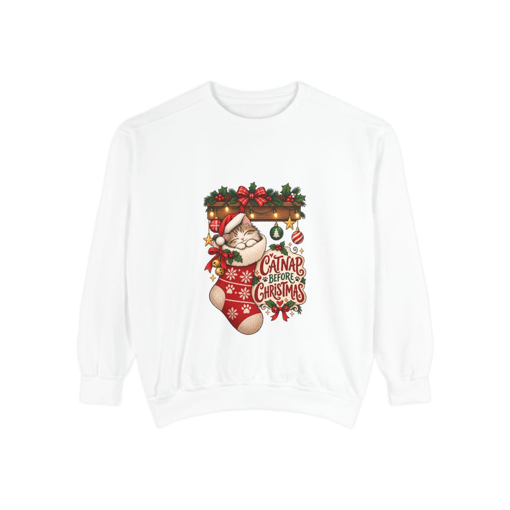 Cat in Christmas Stocking sweatshirt | Santa Hat, Holiday Garland, Can't Before Christmas design
