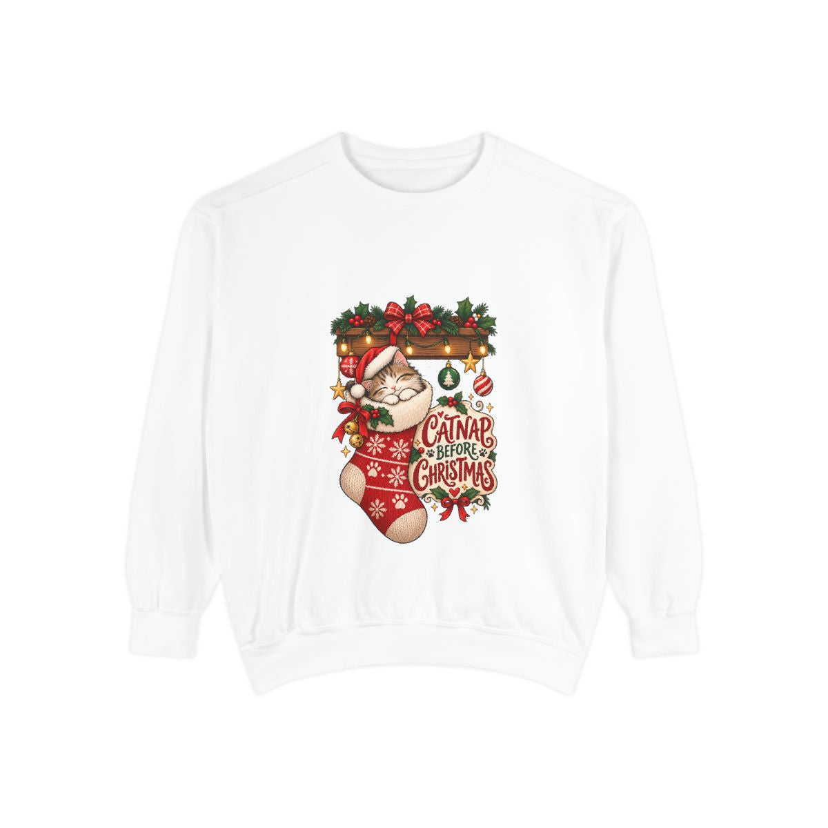 Cat in Christmas Stocking sweatshirt | Santa Hat, Holiday Garland, Can't Before Christmas design