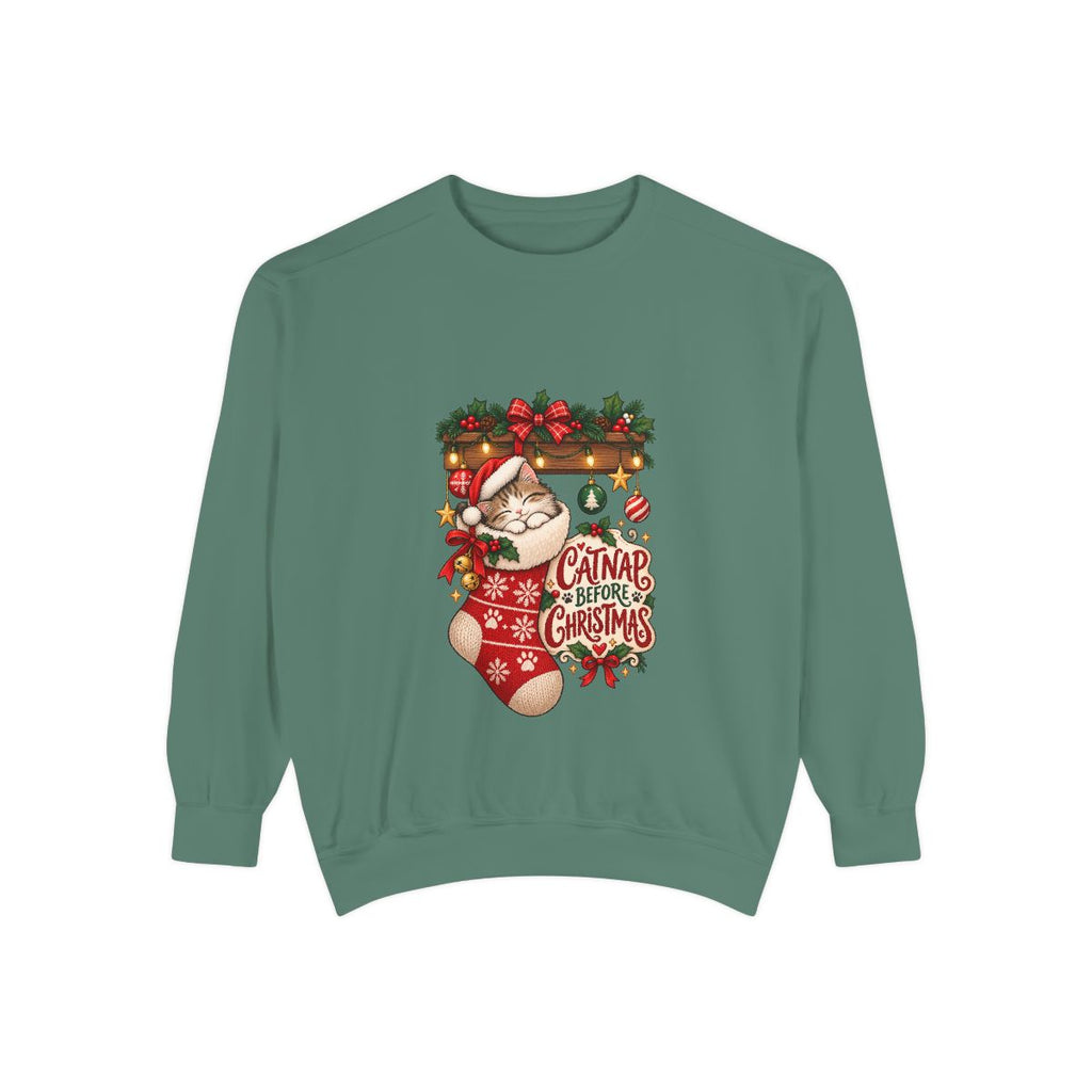 Cat in Christmas Stocking sweatshirt | Santa Hat, Holiday Garland, Can't Before Christmas design
