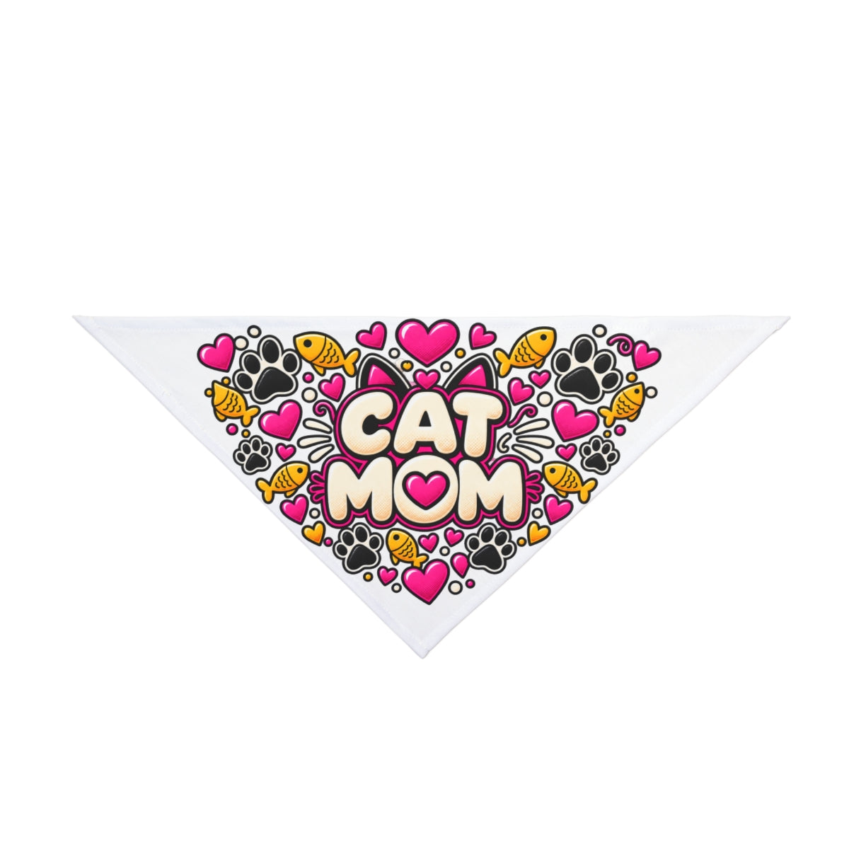 Cat Mom heart doodle Pet Bandana | Paw prints, fish icons, pink hearts