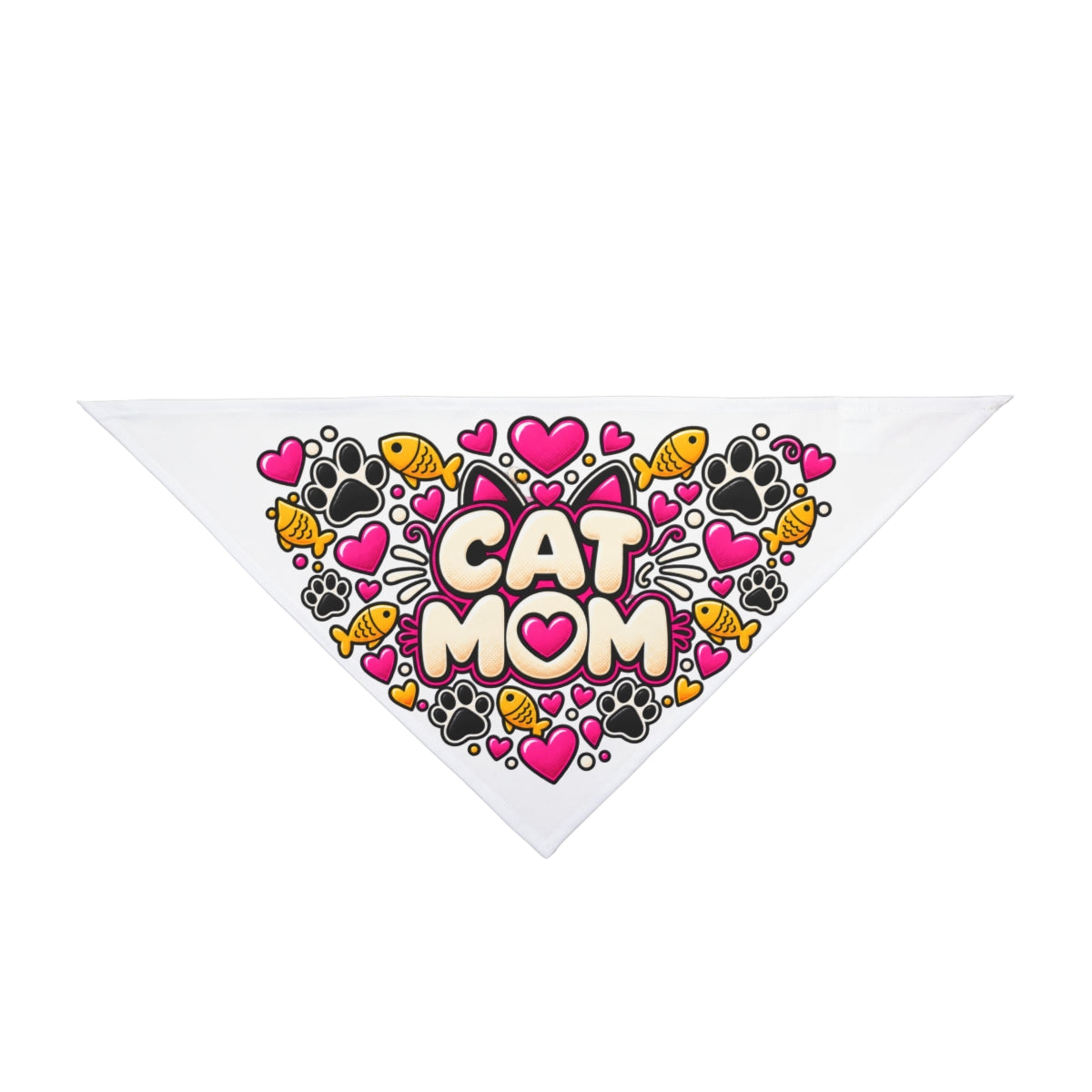 Cat Mom heart doodle Pet Bandana | Paw prints, fish icons, p - 27" × 13"