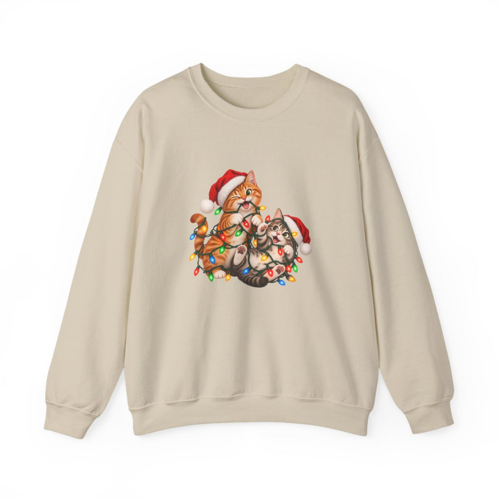 Cats Tangled in Christmas Lights Crewneck Sweatshirt | Holiday Cat Illustration