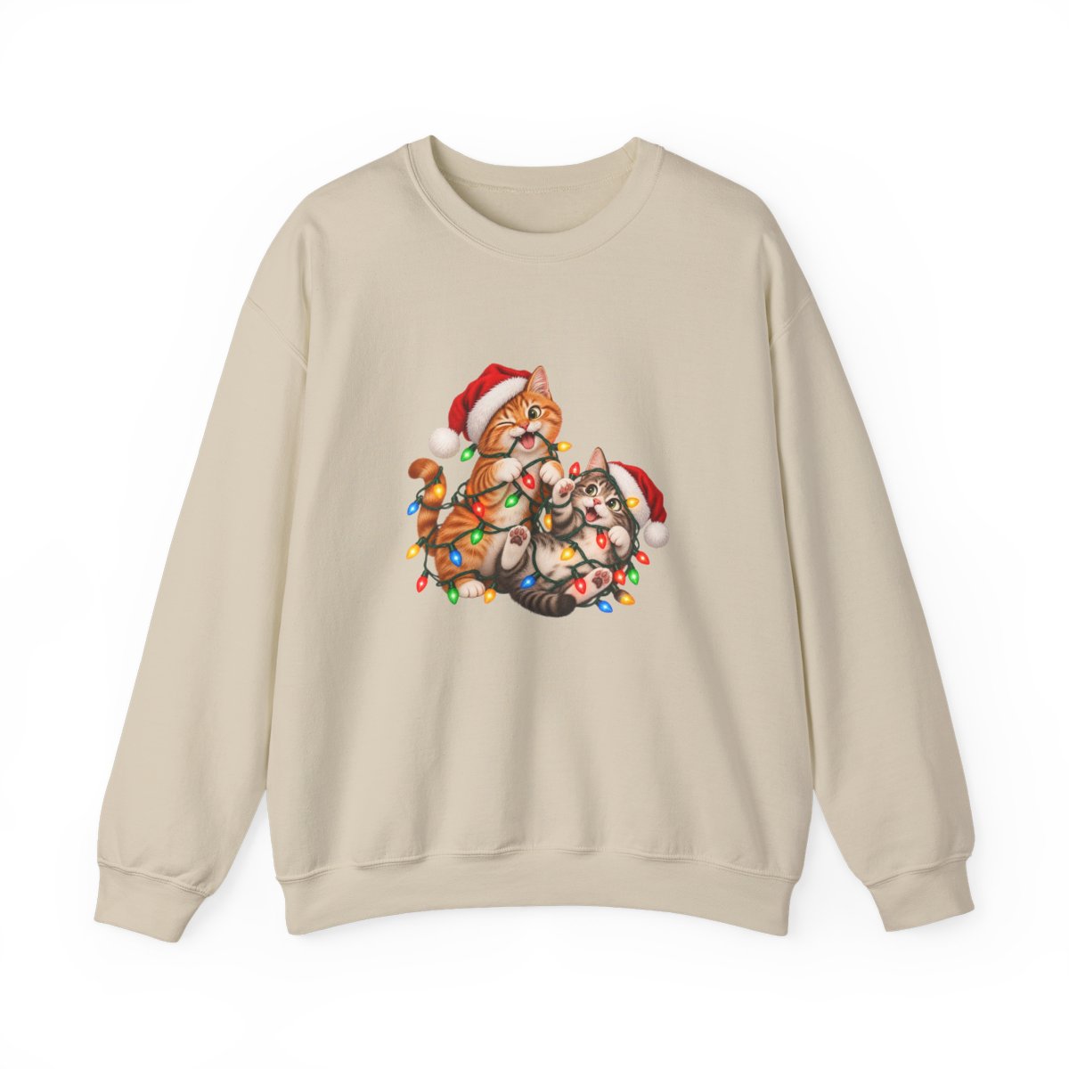 Cats Tangled in Christmas Lights Crewneck Sweatshirt | Holiday Cat Illustration