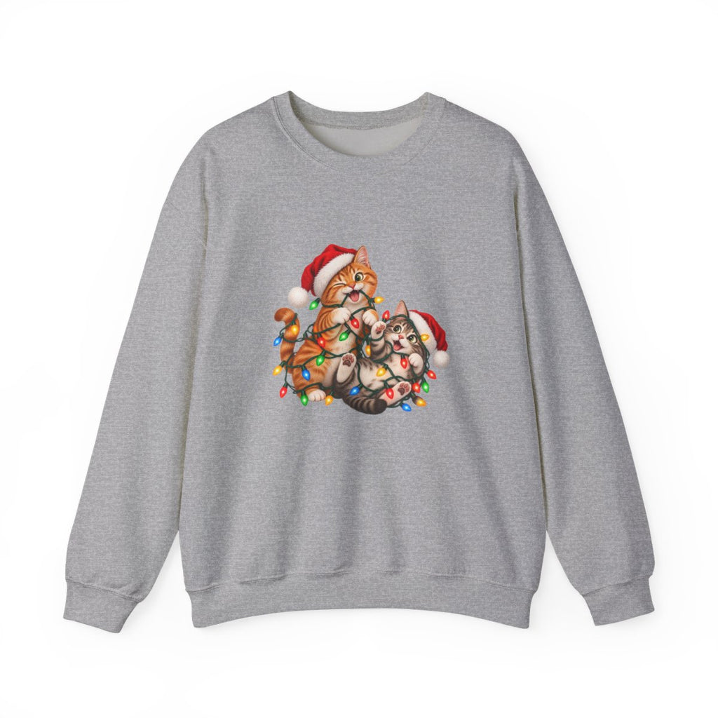 Cats Tangled in Christmas Lights Crewneck Sweatshirt | Holiday Cat Illustration