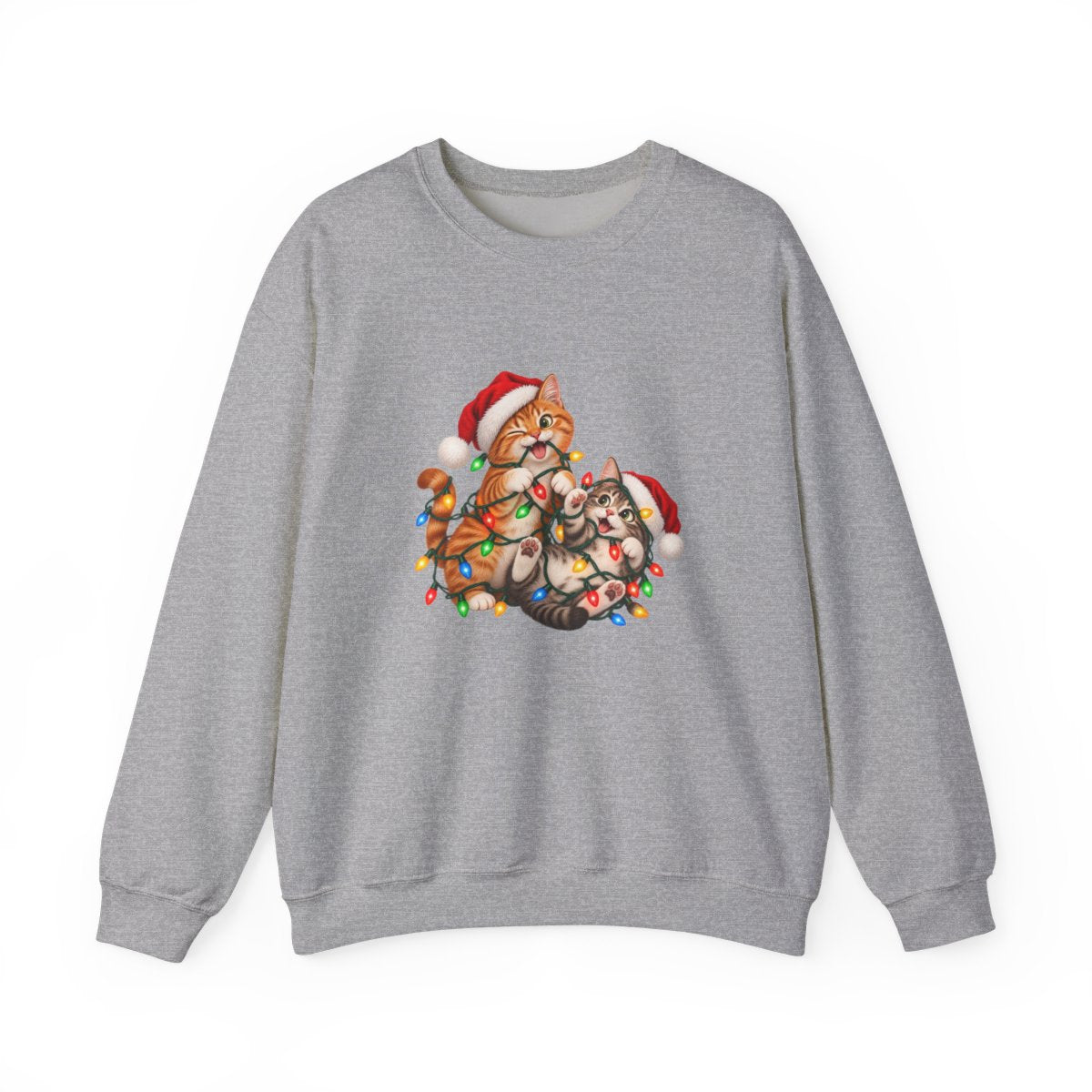 Cats Tangled in Christmas Lights Crewneck Sweatshirt | Holiday Cat Illustration