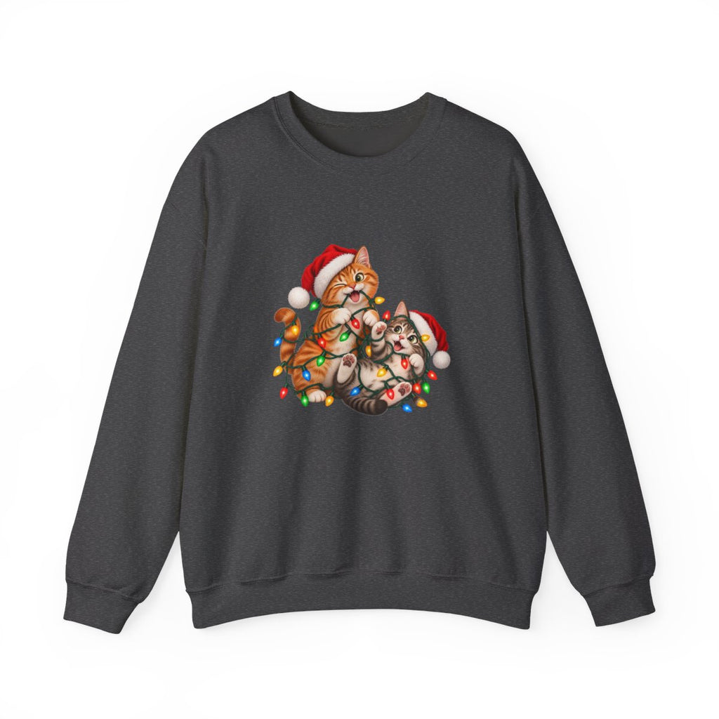 Cats Tangled in Christmas Lights Crewneck Sweatshirt | Holiday Cat Illustration