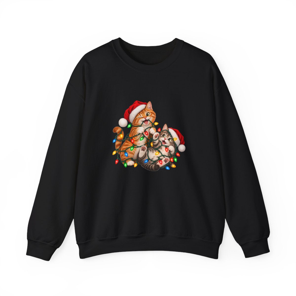Cats Tangled in Christmas Lights Crewneck Sweatshirt | Holiday Cat Illustration