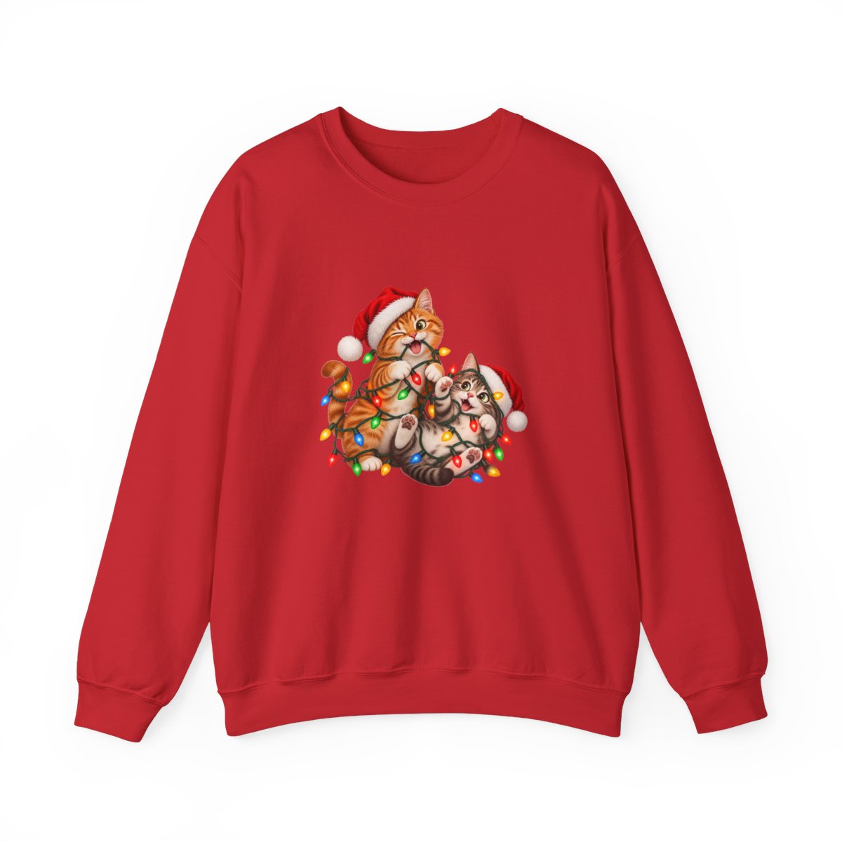 Cats Tangled in Christmas Lights Crewneck Sweatshirt | Holiday Cat Illustration