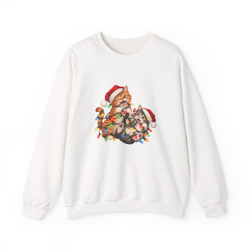 Cats Tangled in Christmas Lights Crewneck Sweatshirt | Holiday Cat Illustration