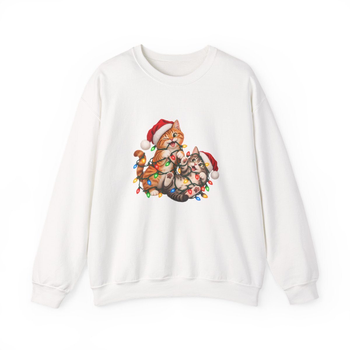 Cats Tangled in Christmas Lights Crewneck Sweatshirt | Holiday Cat Illustration