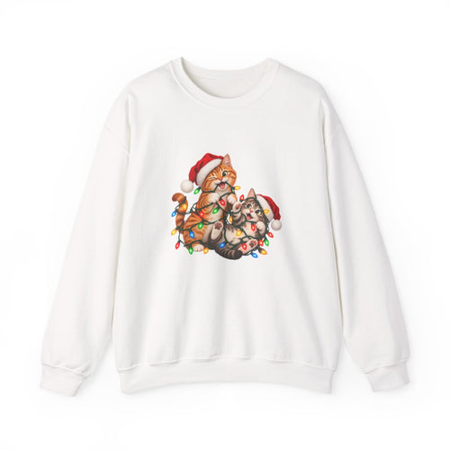 Cats Tangled in Christmas Lights Crewneck Sweatshirt | Holiday Cat Illustration