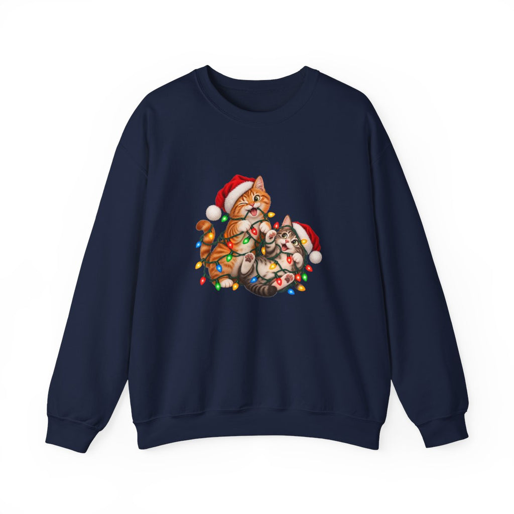 Cats Tangled in Christmas Lights Crewneck Sweatshirt | Holiday Cat Illustration