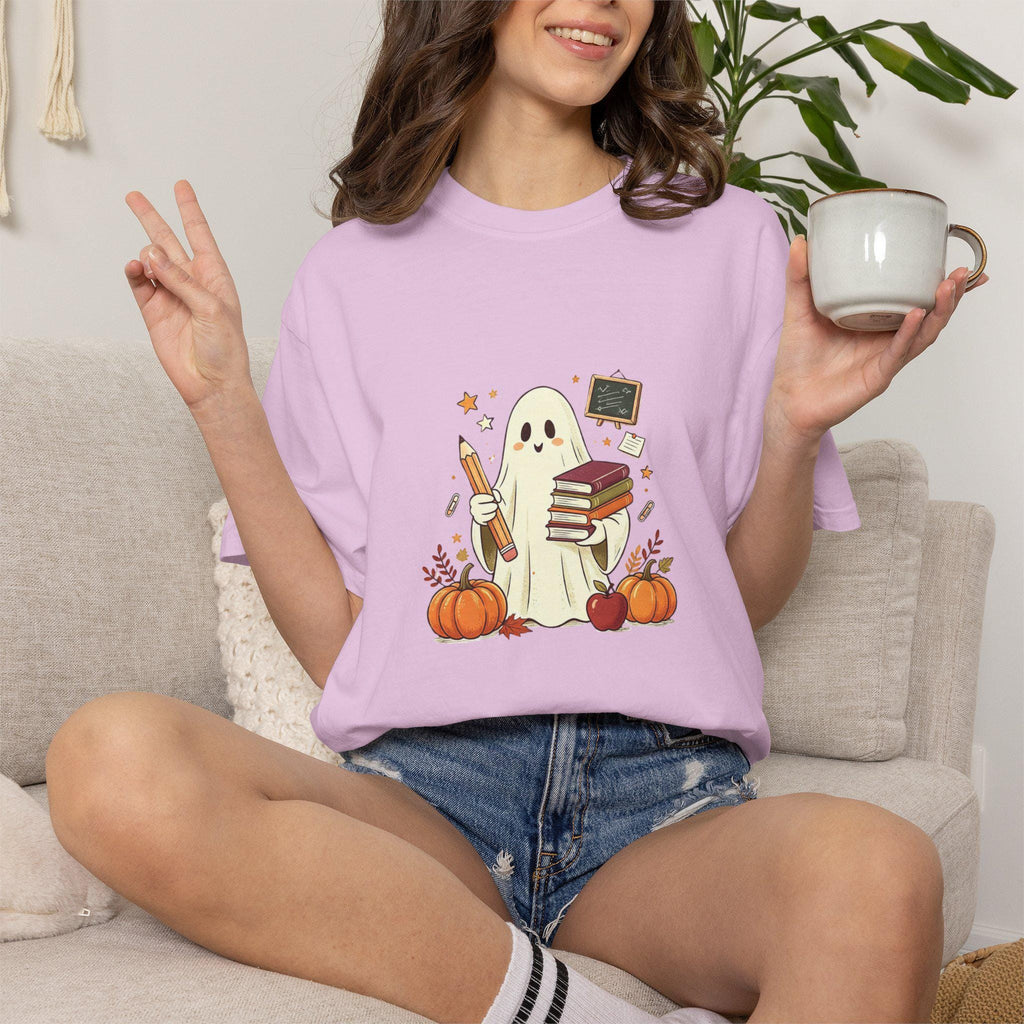 Cute Ghost with Books and Pumpkins T-shirt | Halloween Reading Shirt