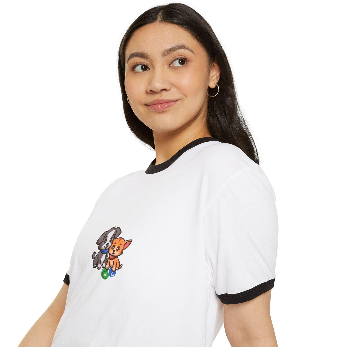 Cute Puppy and Kitten Illustration T-Shirt | Cartoon Pets, Playful Design