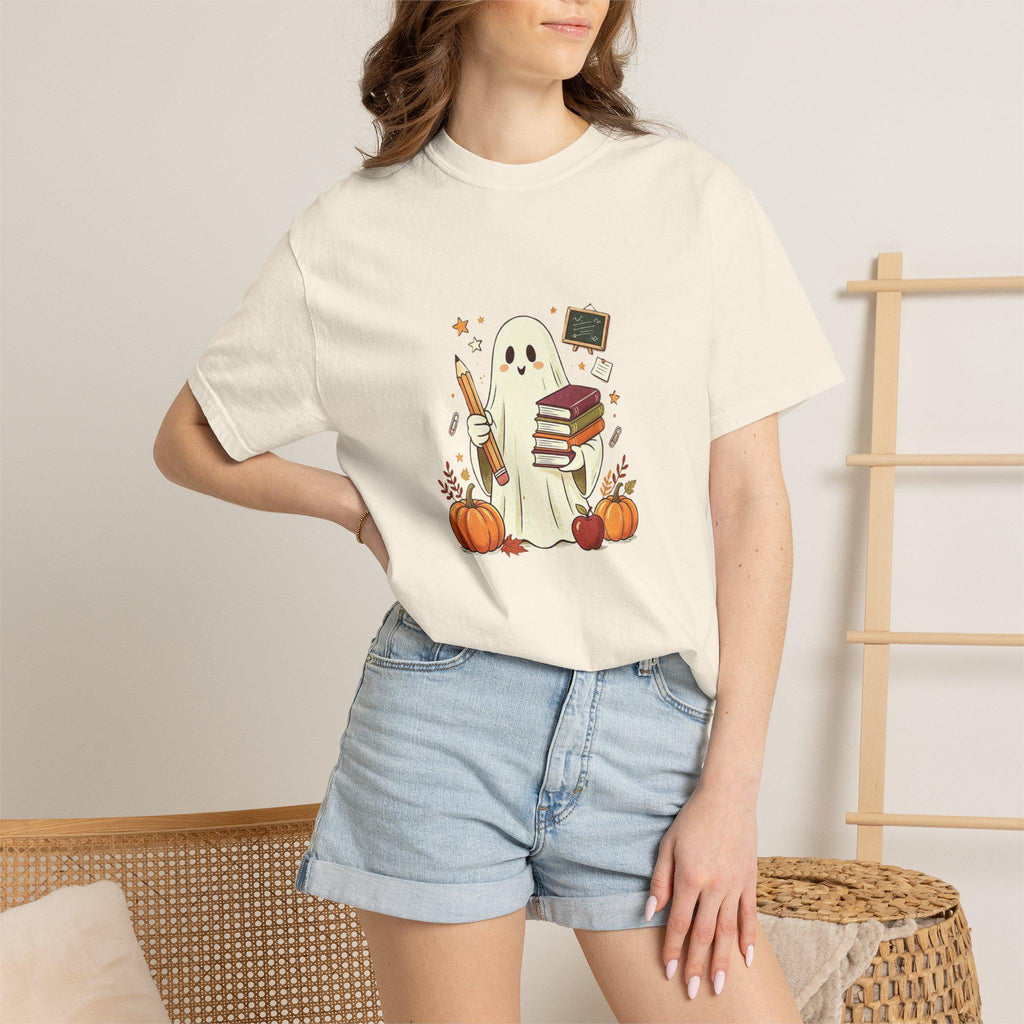 Cute Ghost with Books and Pumpkins T-shirt | Halloween Reading Shirt