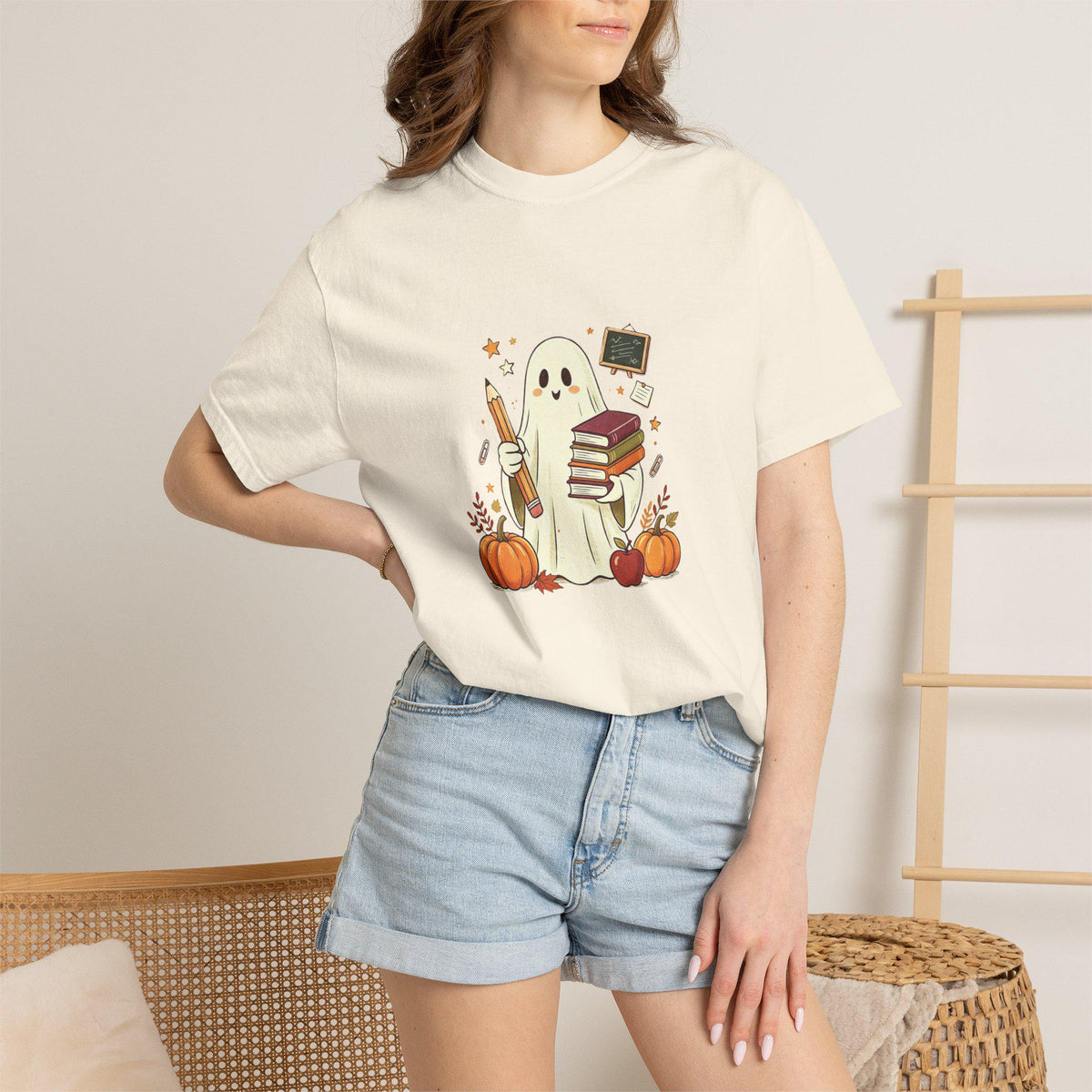 Cute Ghost with Books and Pumpkins T-shirt | Halloween Reading Shirt