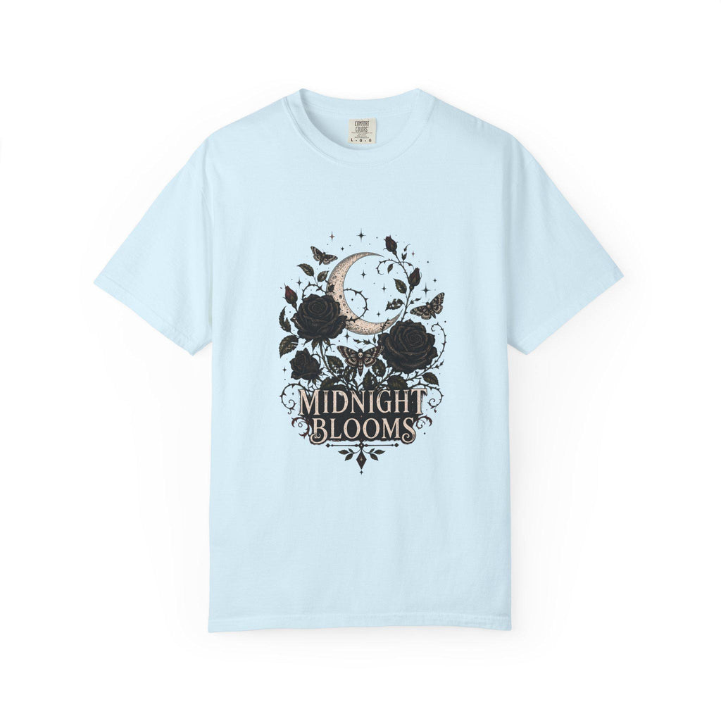 Midnight Blooms Moon Floral T-shirt | Gothic Rose Illustration