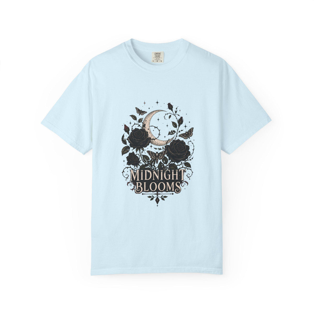 Midnight Blooms Moon Floral T-shirt | Gothic Rose Illustration