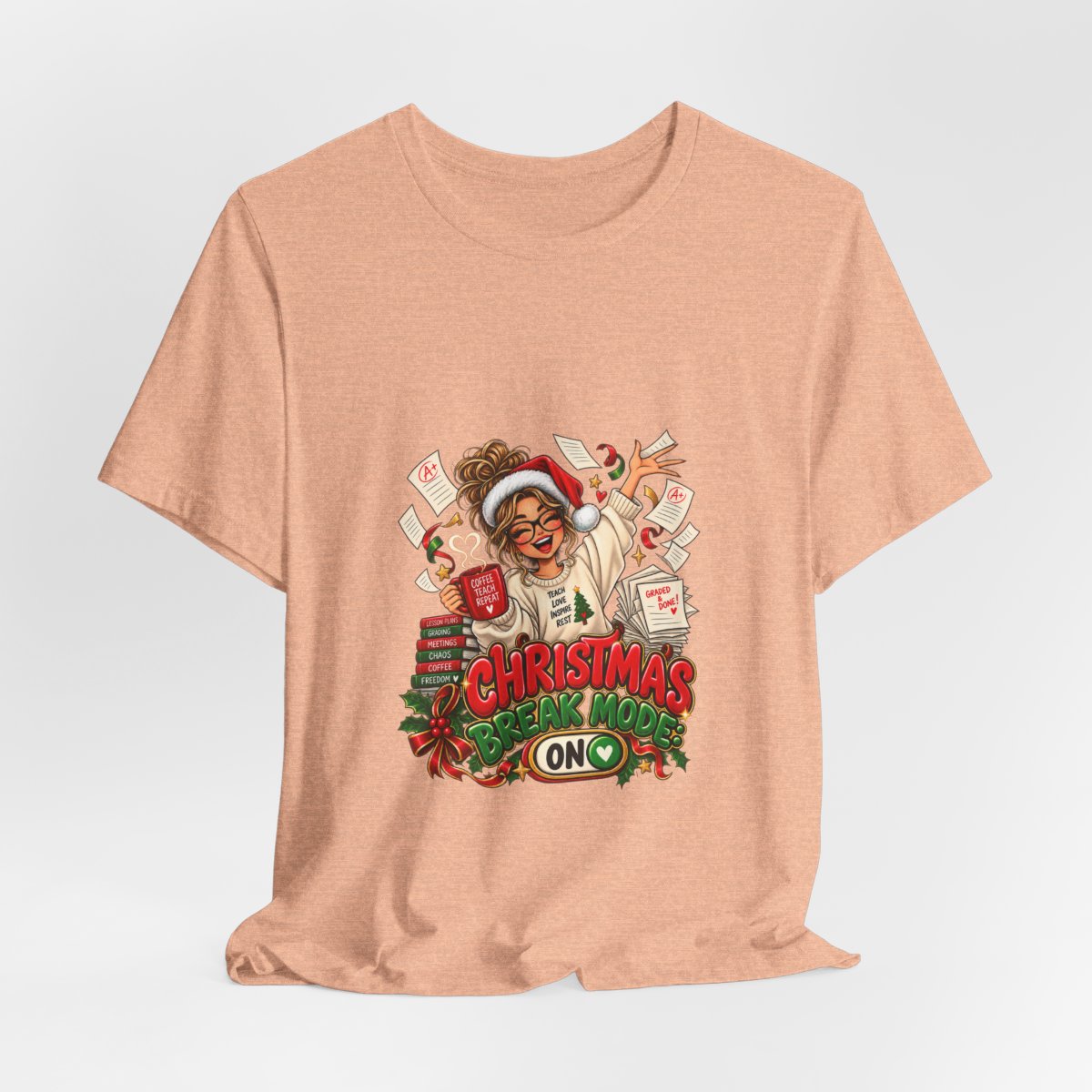 Christmas Break Mode On Teacher T-Shirt | Funny Teacher Holiday Break Coffee Graphic Tee, Educator Christmas Gift